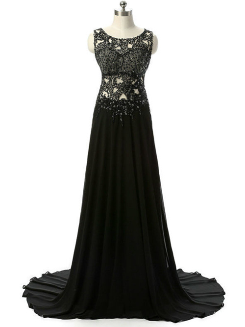 A-line Scoop Chiffon Black Dress Beads