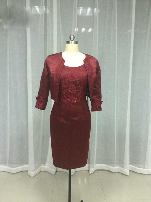 Sheath Satin Burgundy Jacket Mother Of The Bride Outfit