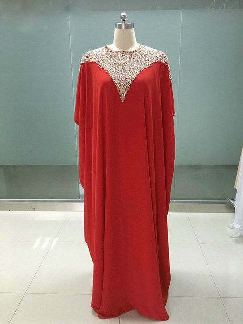 Red Sheath Jewel Sequins Chiffon Dress