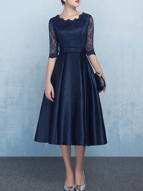 A-line Scoop Lace Sleeves Tea Length Mother Dress