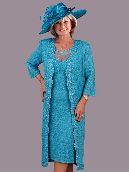 Sheath Lace Jacket Tea Length Mother's Dress