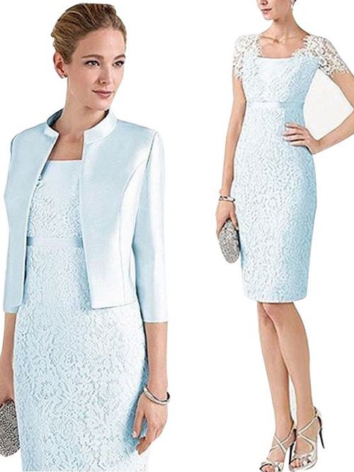 Sheath Straps Lace Satin Jacket Mother Of The Bride Dress