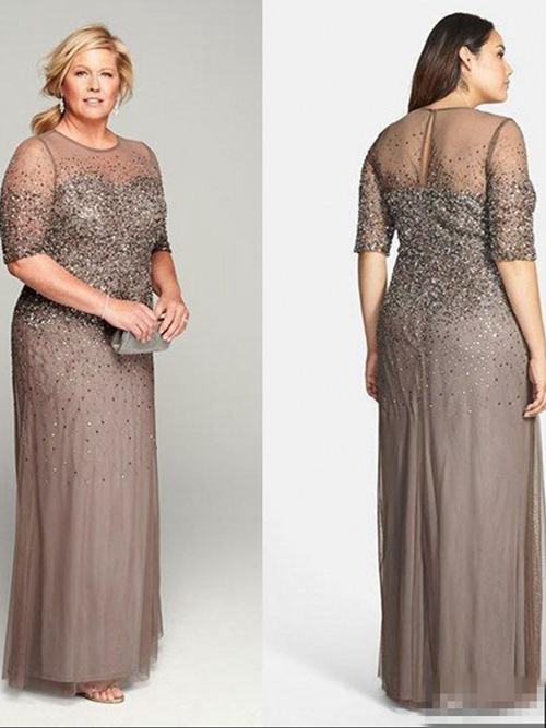 Sheath Sheer Tulle Sleeves Plus Size Sequins Mother's Dress