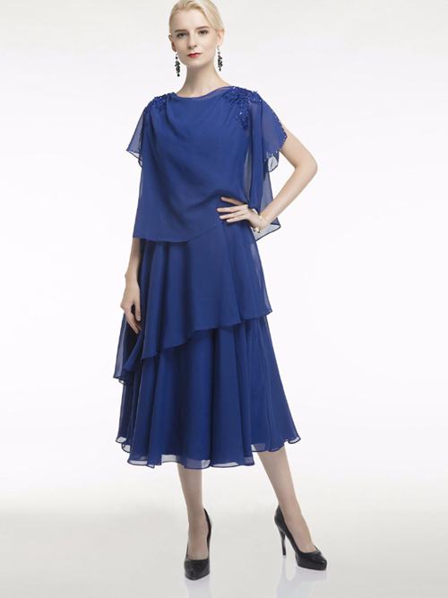 A-line Jewel Chiffon Tea Length Mother's Dress Applique