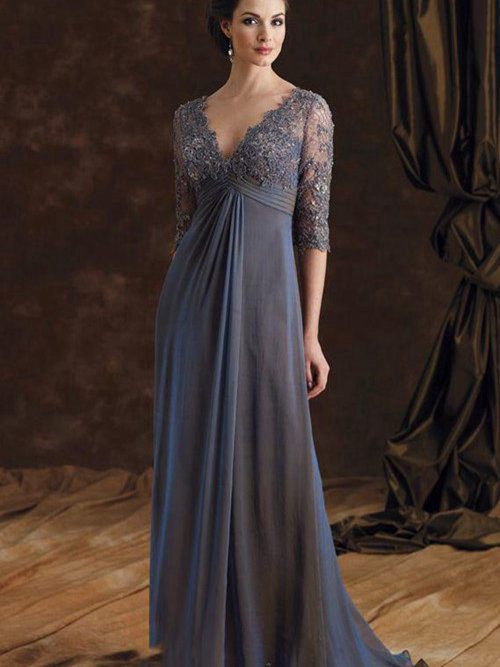 A-line V Neck Floor Length Chiffon Lace Mother Of The Bride Dres