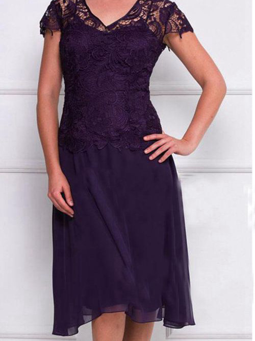 A-line V Neck Knee Length Chiffon Lace Mother Of The Bride Dress