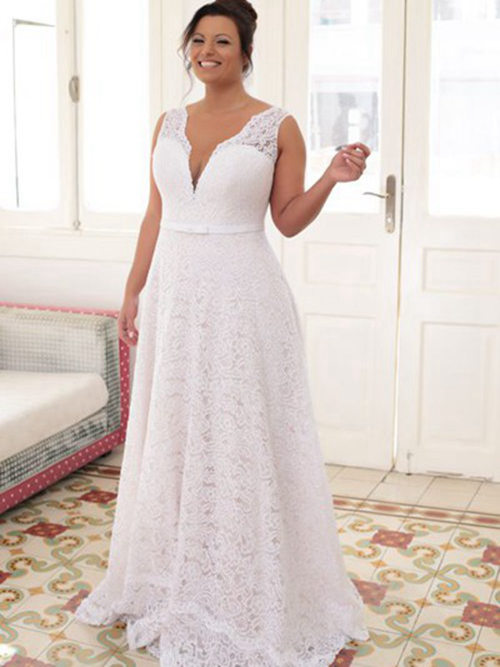 A-line V Neck Floor Length Lace Plus Size Bridal Gown