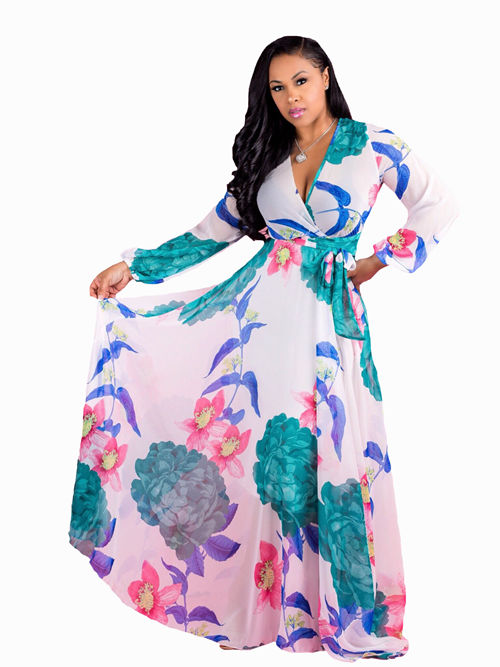 Hot Sale Floral Chiffon Sleeves Plus Size Dress [VIVIDRESS50043 ...