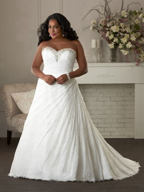 A-line Sweetheart Court Train Lace Plus Size Wedding Gown
