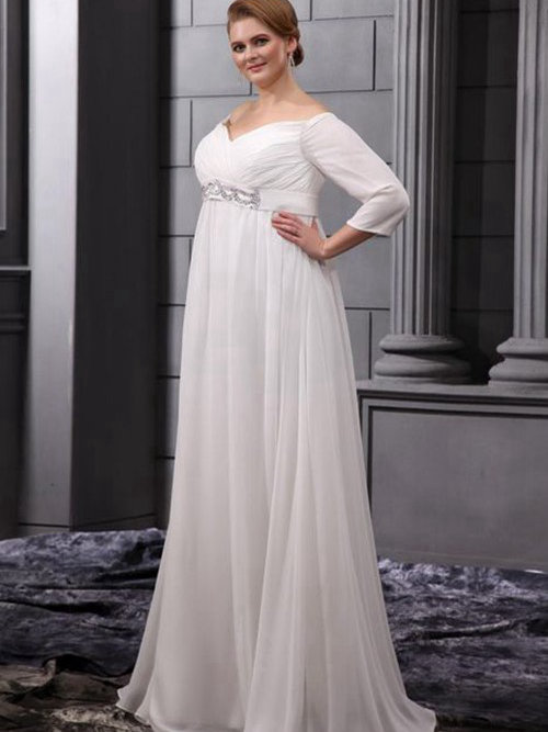 Empire V Neck Floor Length Chiffon Plus Size Wedding Dress