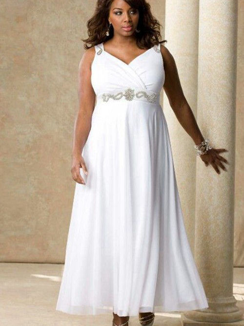A-line V Neck Ankle Length Chiffon Plus Size Bridal Dress