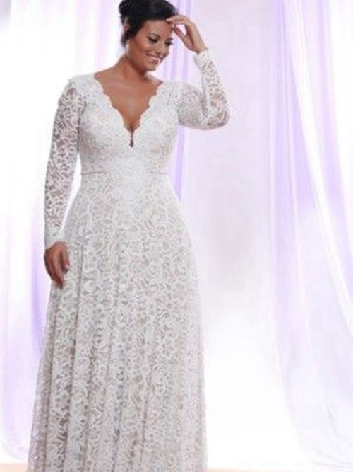 A-line V Neck Floor Length Lace Plus Size Wedding Dress