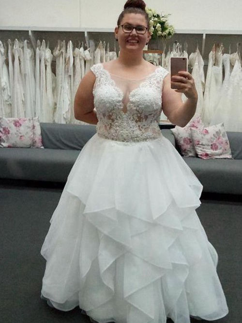 A-line Scoop Floor Length Organza Lace Plus Size Bridal Wear