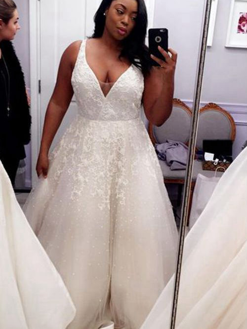 A-line V Neck Floor Length Organza Plus Size Bridal Dress