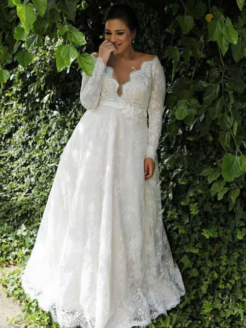 A-line V Neck Sweep Train Lace Plus Size Wedding Dress