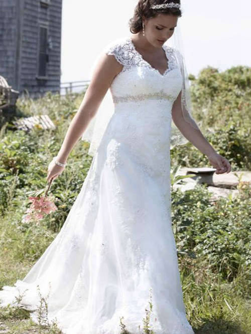 A-line V Neck Brush Train Lace Plus Size Wedding Gown