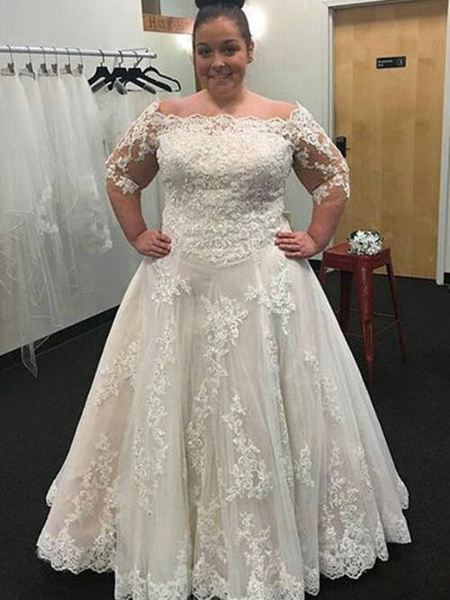 A-line Off Shoulder Floor Length Lace Plus Size Wedding Dress