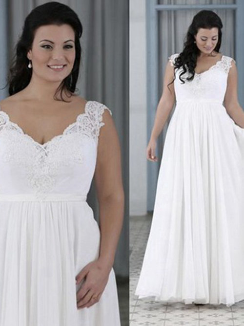 A-line V Neck Floor Length Chiffon Plus Size Wedding Gown