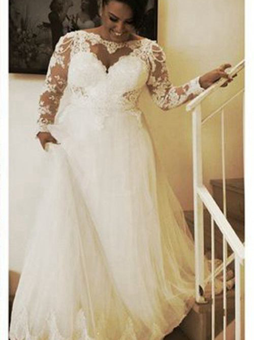A-line Sheer Floor Length Tulle Plus Size Wedding Dress