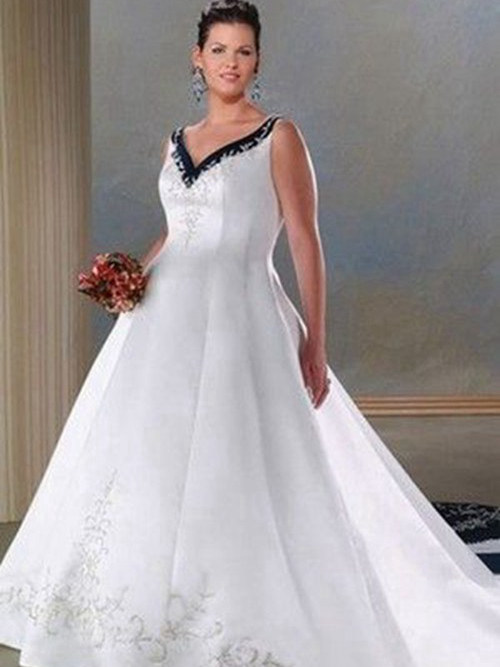 A-line V Neck Court Train Satin Plus Size Wedding Dress