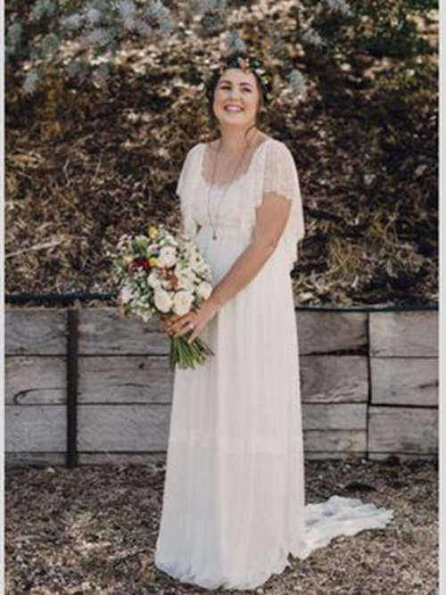Sheath Scoop Sweep Train Chiffon Plus Size Wedding Dress