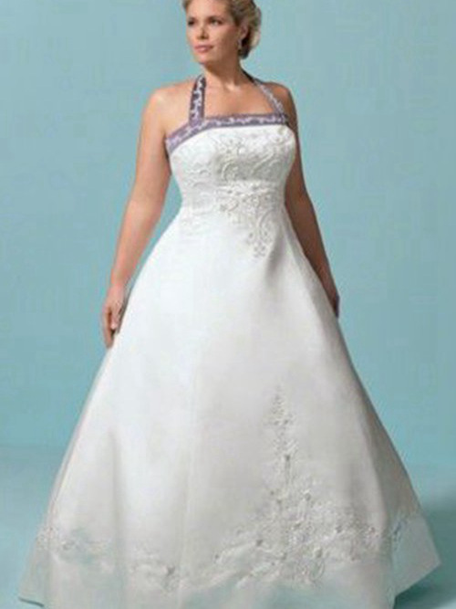 A-line Halter Floor Length Satin Plus Size Wedding Dress