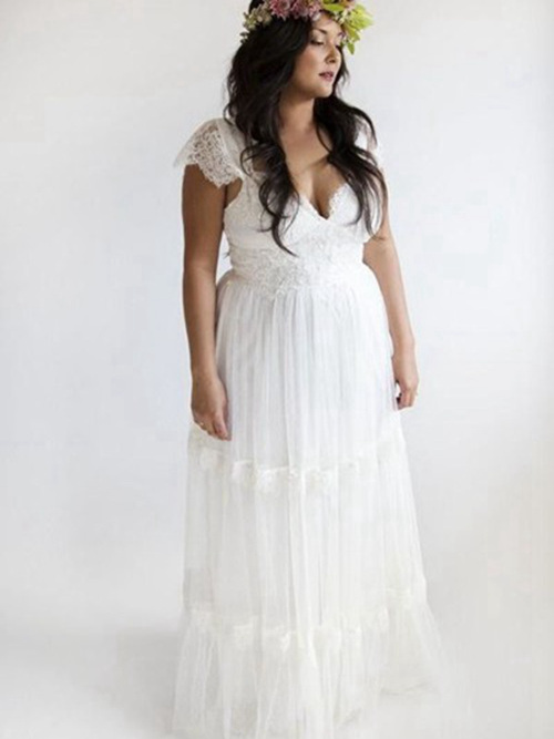 A-line V Neck Floor Length Chiffon Plus Size Wedding Dress