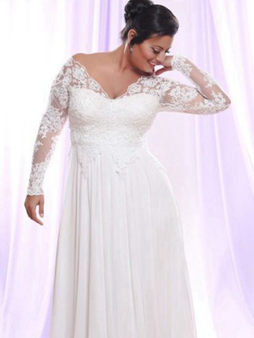 A-line V Neck Floor Length Chiffon Plus Size Bridal Dress