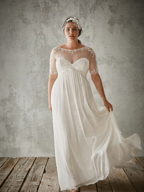 Sheath Sheer Floor Length Chiffon Plus Size Bridal Dress