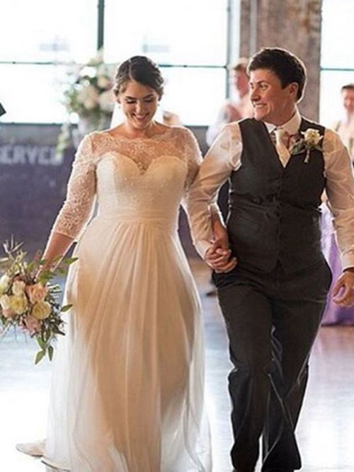 A-line Bateau Floor Length Chiffon Plus Size Bridal Wear