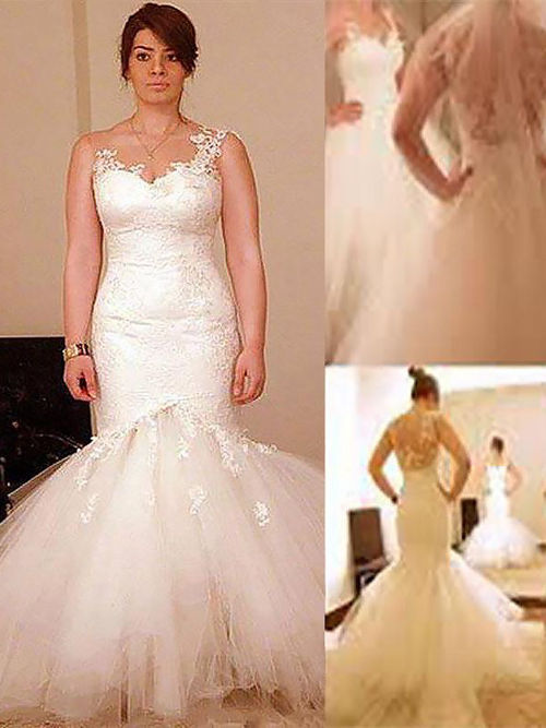 Mermaid Straps Lace Tulle Plus Size Wedding Dress