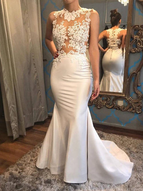 Mermaid Jewel Satin Plus Size Wedding Gown Applique