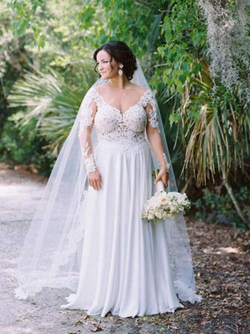 A-line V Neck Lace Sleeves Chiffon Plus Size Bridal Dress
