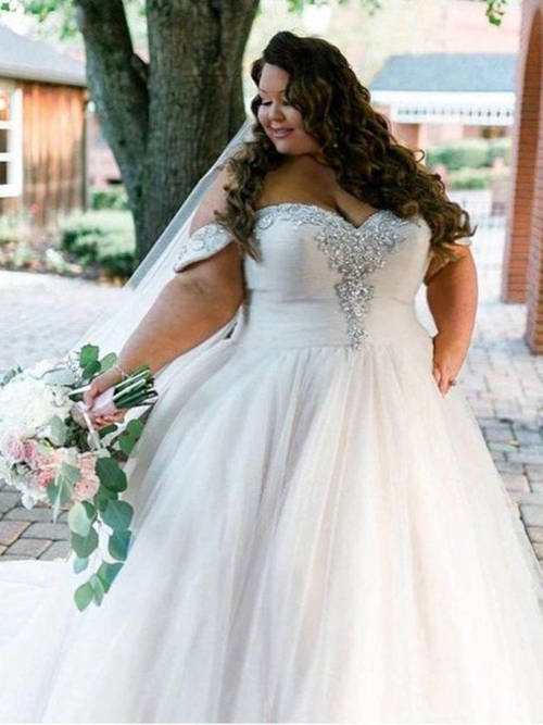 Ball Gown Off Shoulder Tulle Plus Size Wedding Wear Beads