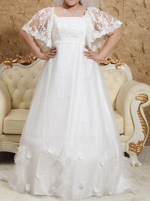 A-line Square Lace Sleeves Tulle Plus Size Bridal Dress