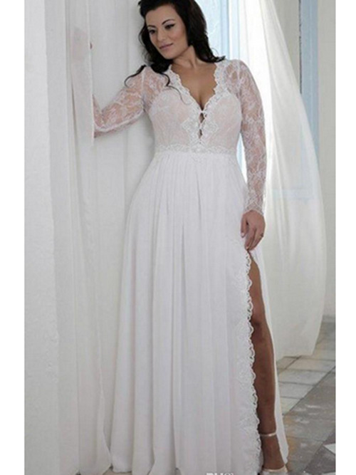 A-line V Neck Lace Sleeves Chiffon Plus Size Wedding Wear