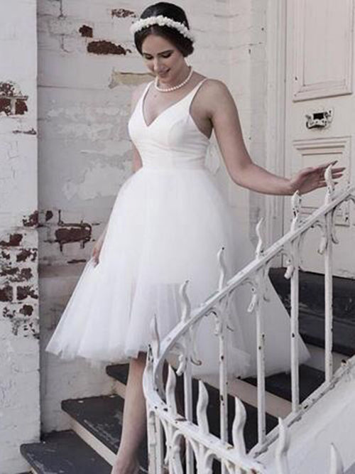 Princess Straps Knee Length Tulle Plus Size Wedding Dress