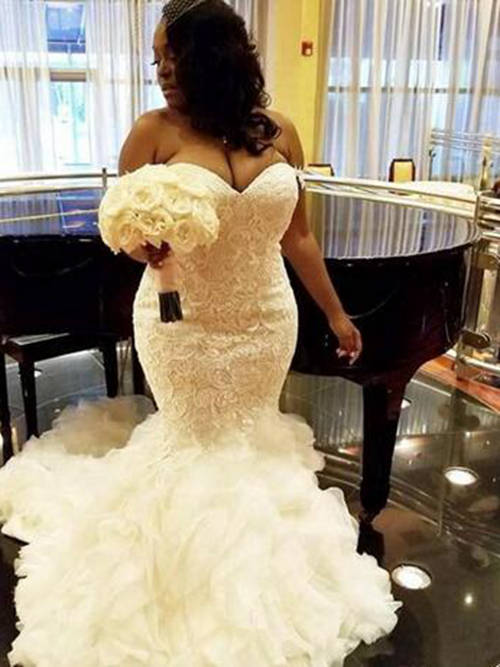 Mermaid Sweetheart Organza Lace Plus Size Wedding Gown Ruffles