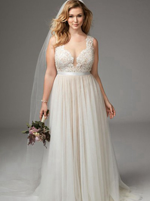 A-line Sheer Floor Length Tulle Plus Size Bridal Wear