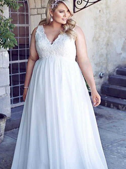 A-line V Neck Floor Length Chiffon Plus Size Bridal Dress