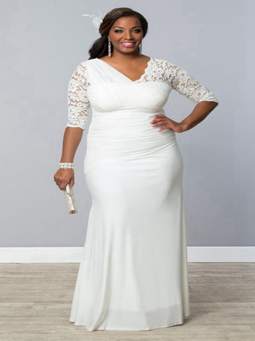 Sheath V Neck Floor Length Chiffon Plus Size Bridal Dress