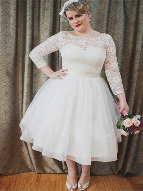 Princess Scoop Tea Length Organza Plus Size Wedding Dress