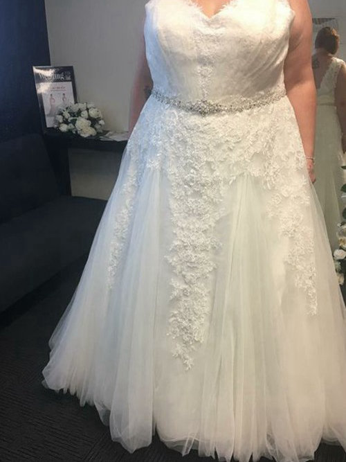 A-line V Neck Floor Length Tulle Plus Size Wedding Dress