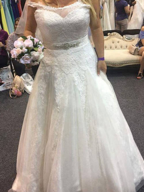 A-line Off Shoulder Floor Length Lace Plus Size Bridal Dress