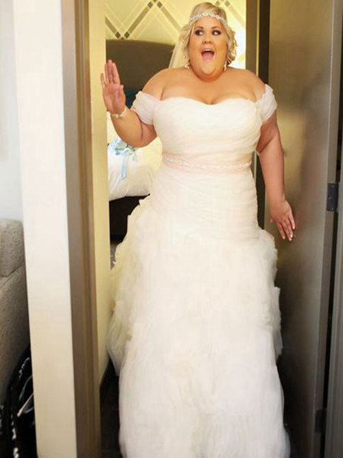 A-line Off Shoulder Floor Length Organza Plus Size Bridal Gown