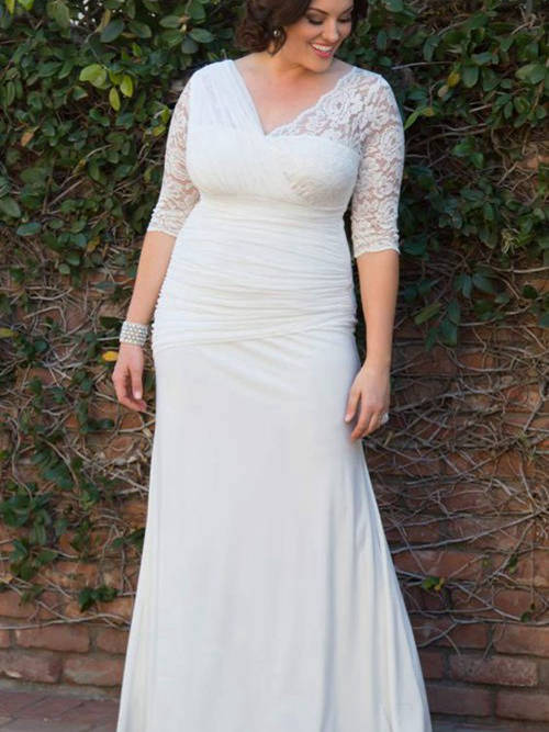 Sheath V Neck Floor Length Chiffon Plus Size Wedding Dress