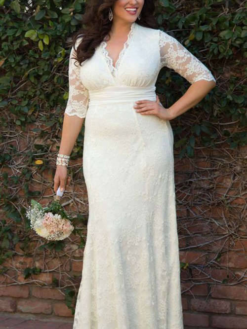 Sheath V Neck Floor Length Lace Wedding Dress