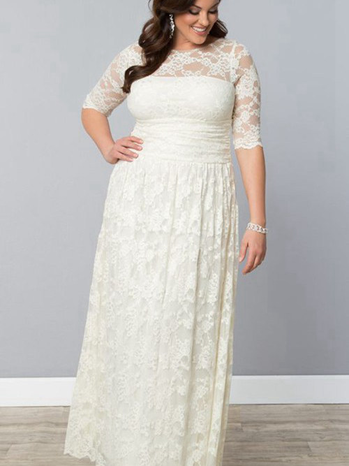 Sheath Sheer Floor Length Lace Plus Size Wedding Dress