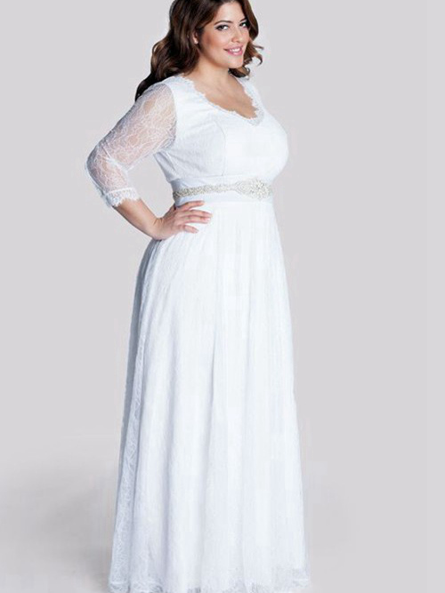 A-line V Neck Floor Length Lace Plus Size Bridal Dress