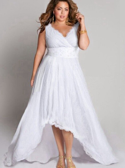 A-line V Neck Lace High Low Plus Size Bridal Dress